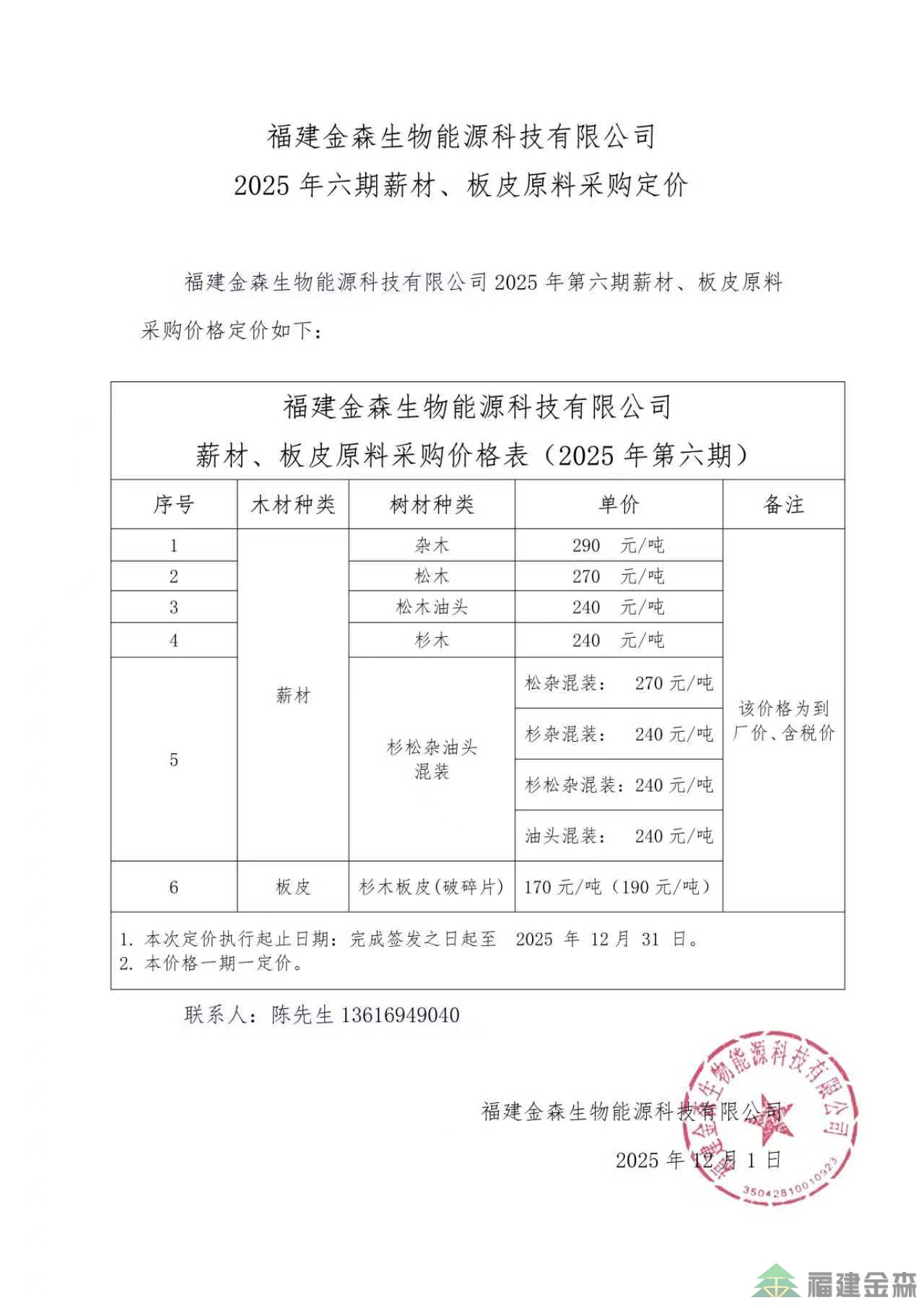 福建金森生物能源科技有限公司 2025年六期薪材、板皮原料采購定價
